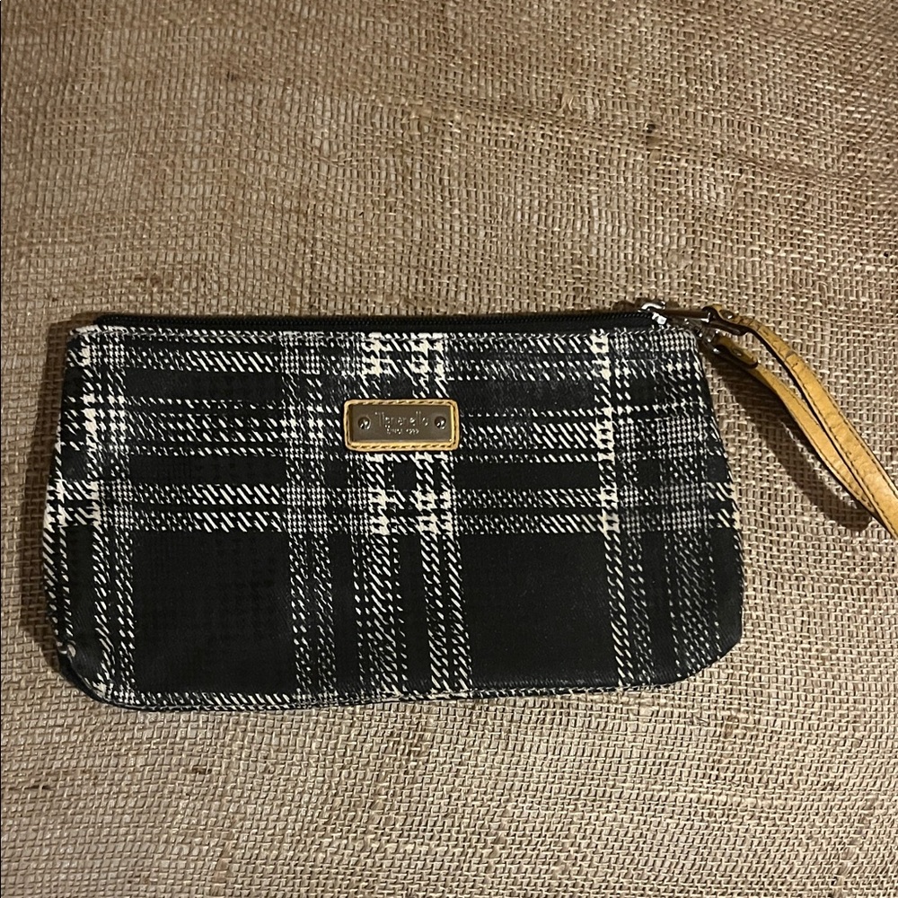 Tignanello Black and White Plaid Wristlet clutch makeup bag clip in tote zipper
